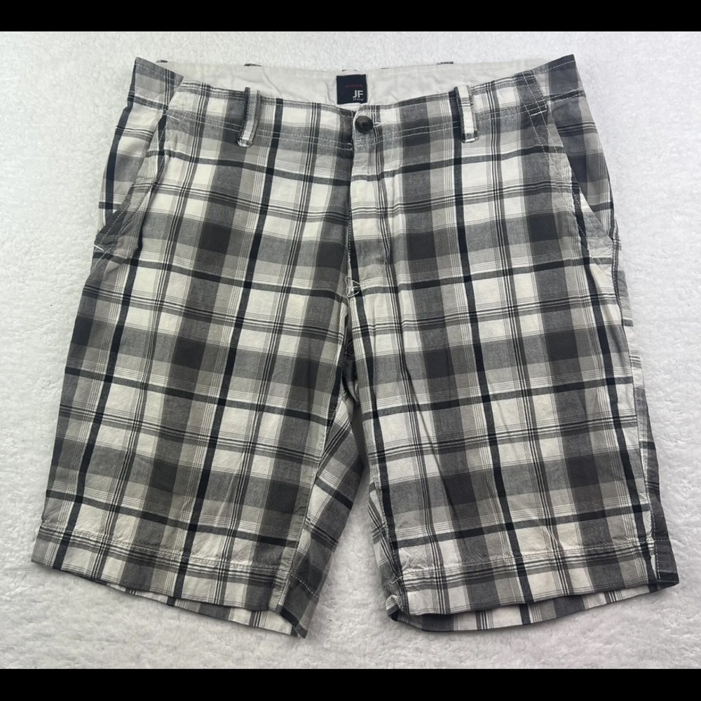 J.Ferrar Shorts Mens 36 Plaid‎ Zip Closure Chino Casual Brown White Black